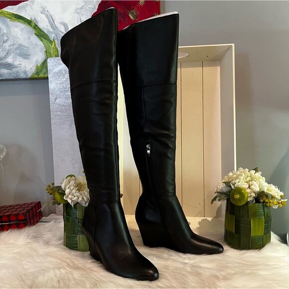 NEW Via Spiga Leather Wedge Over the Knee Kennedy OTK Wedge Heel Boots Black S… - Picture 11 of 16